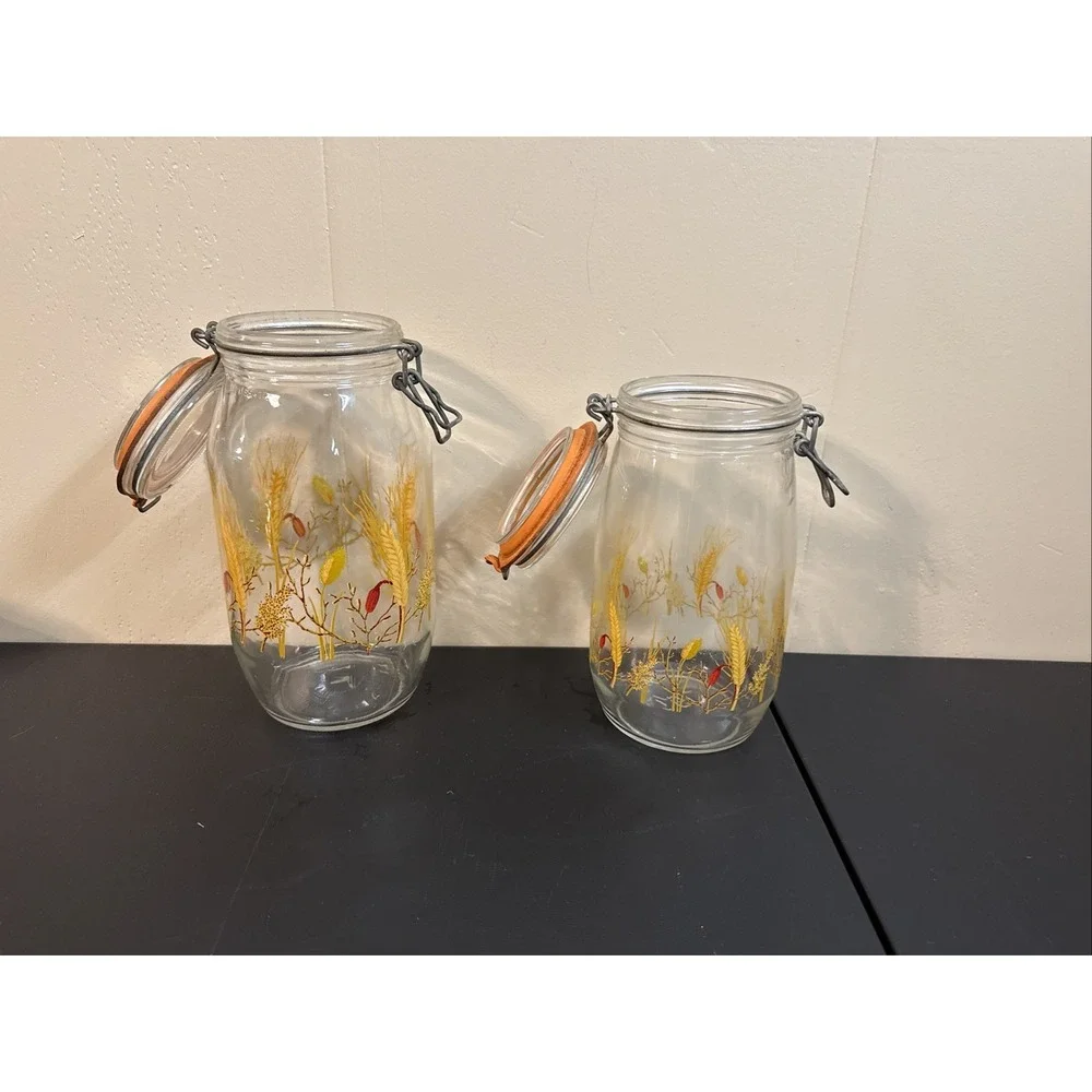 Arc France Vintage Glass 2 & 1.5Liter Jars Wheat Pattern Clamp Rubber Seal w Lid